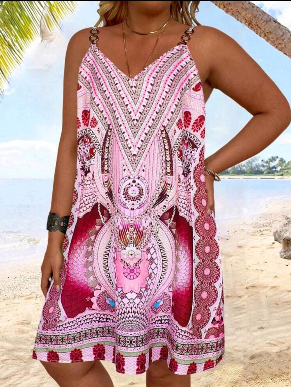 Pink Boho V-Neck Sleeveless Beach Dress - Size 16 🌸